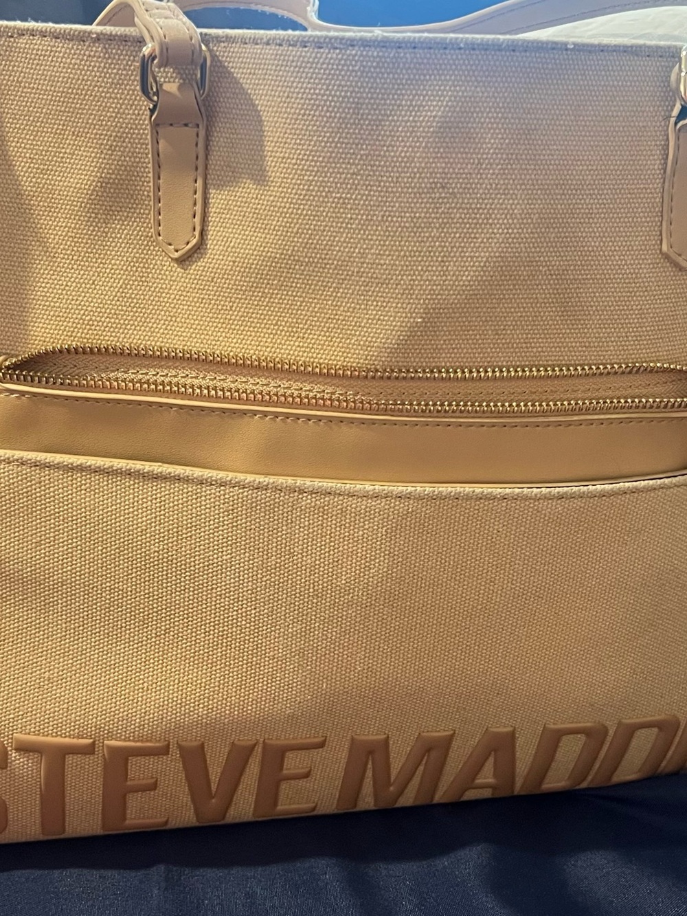 Steve Madden Beige Canvas Tote with Embossed Logo